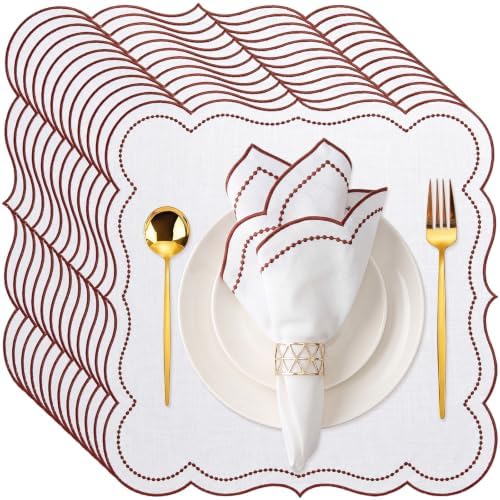 Hahafelt 12 Set Scalloped Cloth Napkins, Embroidery Polyester, Rust Red by Hahafelt