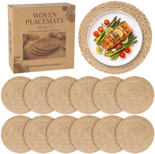 12 Pack 13.8IN Round Woven Placemats, Natural Bulrush Boho Farmhouse Mats by COSINIA