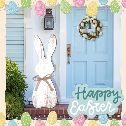 Yerliker 35.5 H Easter Bunny Porch Decor Sign Easter Outdoor Decor Wooden Bunny Standing Porch Sign Vertical Farmhouse Rabbit with Ribbon for Front Door Indoor Outdoor Yard Garden Decor - Image 4