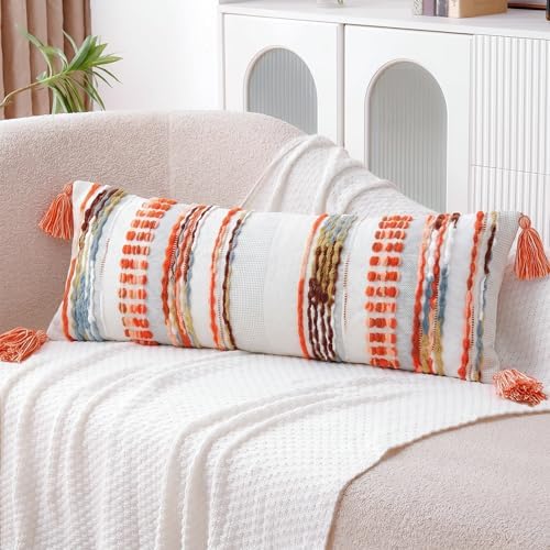 NUYECY Chenille and Cotton Long Pillow for Bed, Striped Textured Boho Lumbar Throw Pillow Cover 14x36, Neutral Accent Decorative Extra Long Body Pillow Case for Couch, Sofa, Bedroom, Red - Image 4