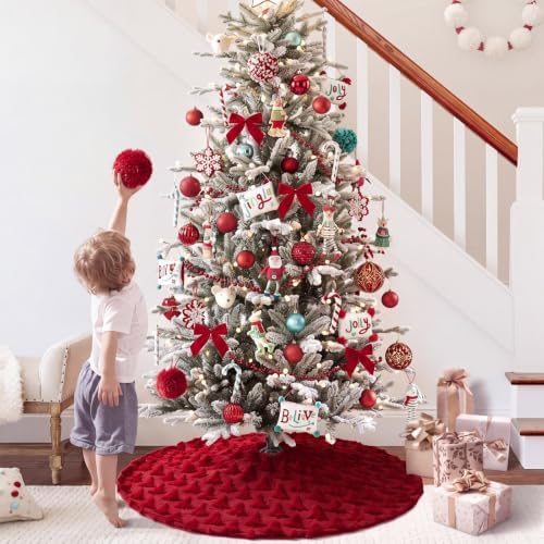 Civaner 48in Burgundy Tree Christmas Tree Skirt Faux Fur - Image 6