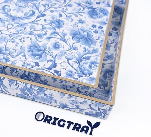 Serving Tray with Handles, 2 Pack Rectangular Plastic Tray 15.75x11.81 Inch, Blue and White Peony Chinese Porcelain Style Decorative Tray for Kitchen, Dining Table, Vanity, Office & Home - Image 2