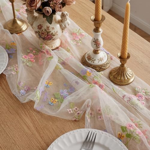 Ivory White Floral Table Runner 10ft Embroidery Tulle Spring Wildflower Table Runner Seasonal Summer Butterfly Kitchen Dining Gauze Decoration for Wedding Baby Shower Birthday Party (3 Pcs) - Image 4