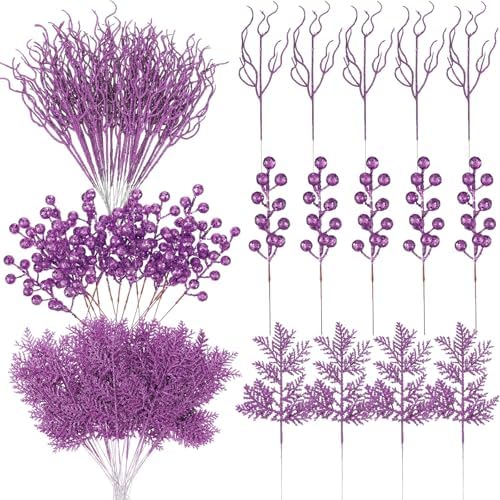 75 Pcs Christmas Glitter Branches 3 Styles Artificial Christmas Picks Berries Stems Pine Needles Floral Twig Spray for Xmas Tree Ornaments DIY Wreath Garland(Purple) by Craftsatin