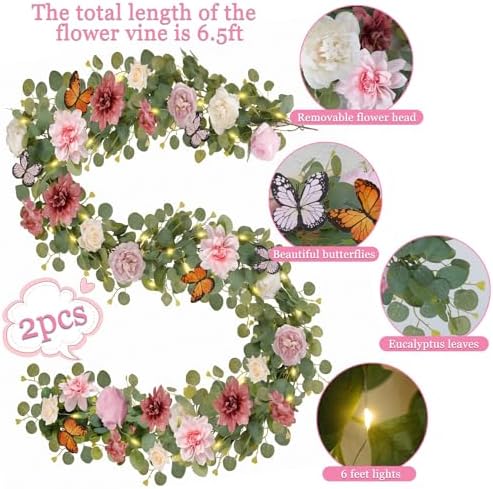 2PCS 13Ft Artificial Eucalyptus Garland with Flowers Lights for Wedding - Image 3