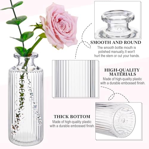 Honeydak Set of 24 Plastic Mini Bud Vases, Vintage Clear Decorative Vases Bulk for Table Centerpieces, Wedding Reception, Baby Shower, Home Decor, Housewarming Gift(Striped) - Image 6
