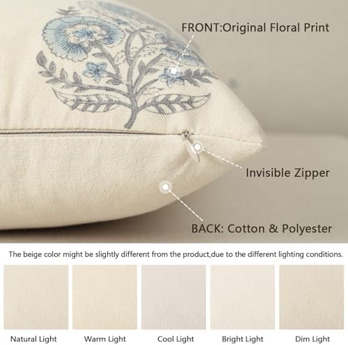 YCOLL Vintage Floral Print Pillow Covers 22x22 Set of 2 Patterned Accent Decorative Cushion Covers Modern Farmhouse Throw Pillow Covers for Sofa Couch Chair Bed Living Room Home Decor, Light Blue - Image 3