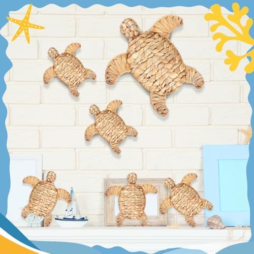 Threehoney 6 Pcs Sea Turtle Beach Decor Handmade Wicker Turtle Wall Decor - Image 6