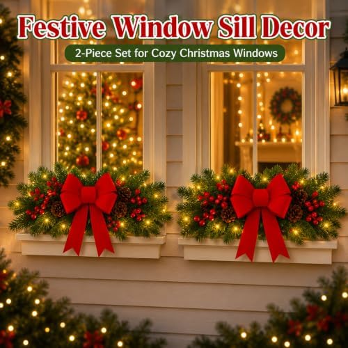 Yalikop 2 Pcs 24.5 Inch Christmas Swags with Light, Red Bow and Berry - Image 5