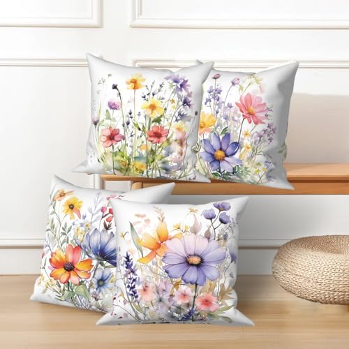 4 Pcs/Set Floral Pillow Covers Wild Flowers Sage Green Leaves Colorful Plants Vintage Throw Pillow Covers for Outdoor Home Couch Sofa Bedroom Farmhouse Decorative, 22"x22" - Image 4