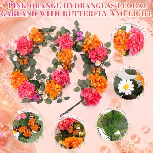 1 Pcs 6ft Artificial Hydrangea Floral Garland with Eucalyptus Leaves, Butterflies and Lights, Fake Flower Vines for Wedding Arch Wall Table Centerpiece Summer Party Decor (Pink and Orange) - Image 3