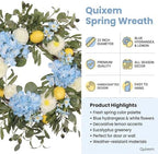 22 Inch Lemon Wreath for Front Door, UV Resistant Blue Hydrangea Olive Branch Floral, Waterproof Spring Summer Wreath - Image 5