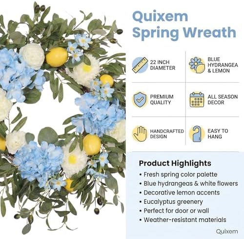 22 Inch Lemon Wreath for Front Door, UV Resistant Blue Hydrangea Olive Branch Floral, Waterproof Spring Summer Wreath - Image 5