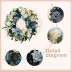 22" Spring Flower Wreath for Front Door Summer Wreaths with Sunflowers Roses Gardenias, Artificial Floral Green Foliage Wreath for Wall Window Farmhouse Party Holiday Home Decor（White Blue） - Image 2