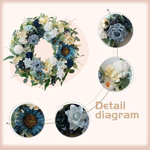22" Spring Flower Wreath for Front Door Summer Wreaths with Sunflowers Roses Gardenias, Artificial Floral Green Foliage Wreath for Wall Window Farmhouse Party Holiday Home Decor（White Blue） - Image 2