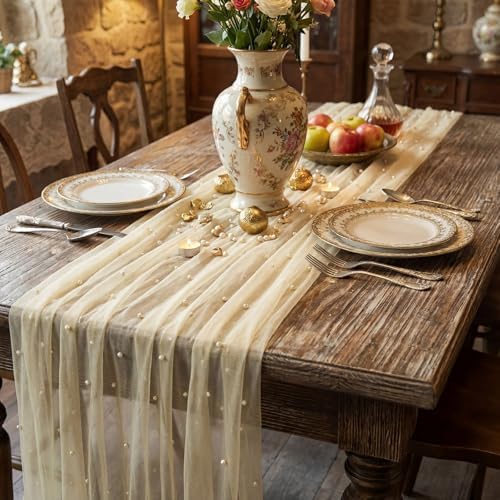 Beige 10 Pcs Pearl Gauze Table Runner 120 Inch 10ft Pearl Sheer Tulle Table Cloth Centerpieces for Home Wedding Birthday Bridal Baby Shower Party Favor Holiday Dining Decorations - Image 5