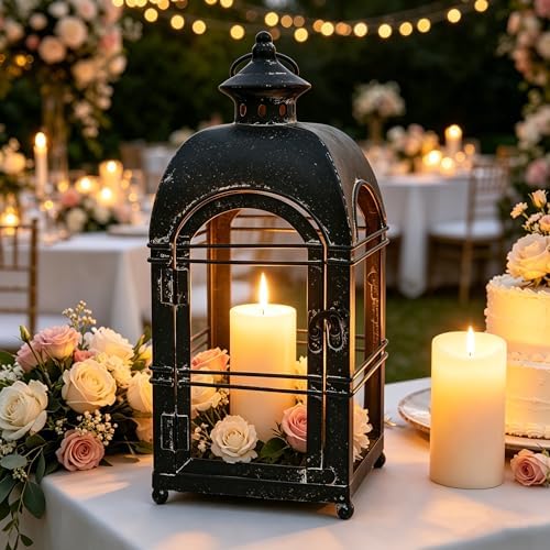 Vintage Farmhouse Metal Candle Lantern - 14 Inches Rustic Distressed Black Lanterns Indoor & Outdoor Decor Hanging Candle Holder Lantern for Garden Front Porch Patio Wedding Christmas (No Glass) - Image 3
