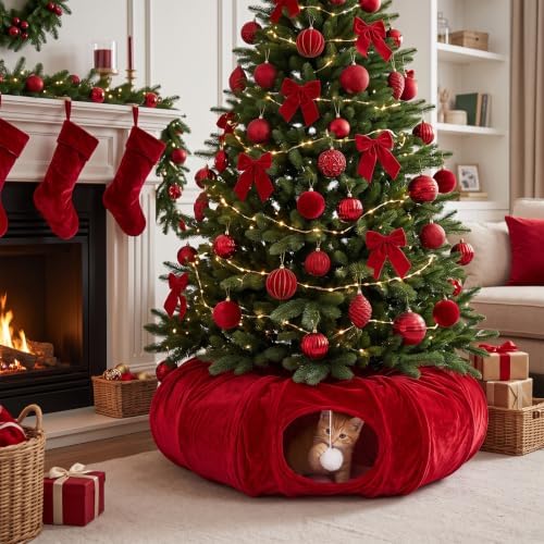 Thyle Christmas Cat Tunnel Bed, Burgundy, 2.4ft X 2.4ft X 11.8in, Velvet - Image 4