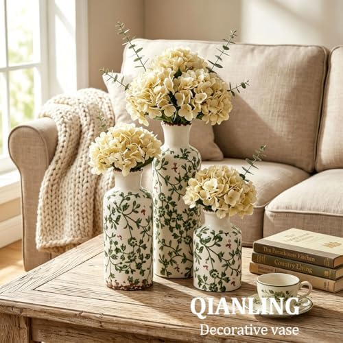 Green Ceramic Vase Set - 3 Chinoiserie Green Floral Vases, Farmhouse Country Flower Vase Home Decor, Living Room Decoration, Table Decoration, Fireplace Decor, and Entrance Decorations Centerpiece - Image 3