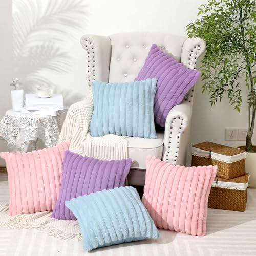 Mixweer 6 Pcs Faux Fur Plush Throw Pillow Covers 18x18'' Pink Purple Blue - Image 5