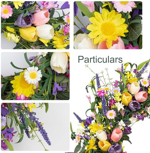 LLZLL Spring Wreath 22 inch Indoor Summer Wreaths Artificial Spring Wreaths for Front Door, Tulip Wreath with Daisy and Lavender for Home Holiday Decor - Image 5