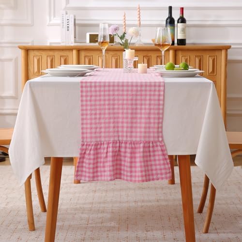 Pink White Plaid Gingham Ruffle Table Runner Cabinet Cover 13"x108" by KMASANIJI