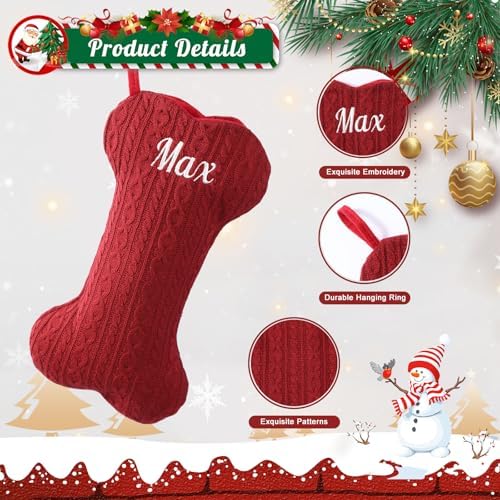 Personalized Dog Christmas Stockings,Custom Embroidered Pet Name & Bone Shape Stocking for Pet,Premium Cable Knit 15.7” Large Dog Stocking for Fireplace Holiday Decor Gifts(3 Pack) - Image 2