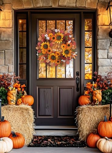 24" Artificial Fall Floral Wreath for Front Door Autumn Wreath with Sunflower Dahlia Pine Cones for Halloween Thanksgiving Farmhouse Window Wall Décor - Image 4