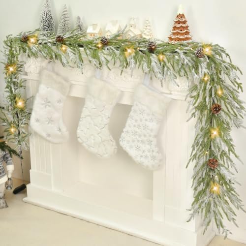 YoleShy 9 FT Real Touch Norfolk Pine Garland Flocked Christmas Garland with Lights Pinecone and White Snow Battery Operated Prelit Garland Christmas Decorations for Mantle Fireplace Xmas Home Decor by YoleShy