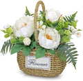 Peonies Artificial Flowers, Spring/Summer Flower Centerpieces for Tables Silk Flower Arrangements with Woven Basket Fake Peonies with Fern Leaves White Flower Arrangement for Kitchen Dinner Table by Oairse