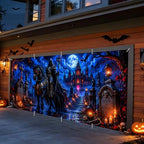 Gothic Grim Reaper Garage Door Banner 7x16ft, Dark Halloween Vampire Castle Outdoor, Ghost Rider Horse Graveyard Backdrop Large Double Garage Door Tapestry Mural for House Front Holiday Decor - Image 6