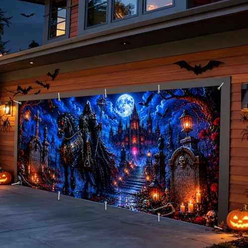 Gothic Grim Reaper Garage Door Banner 7x16ft, Dark Halloween Vampire Castle Outdoor, Ghost Rider Horse Graveyard Backdrop Large Double Garage Door Tapestry Mural for House Front Holiday Decor - Image 6