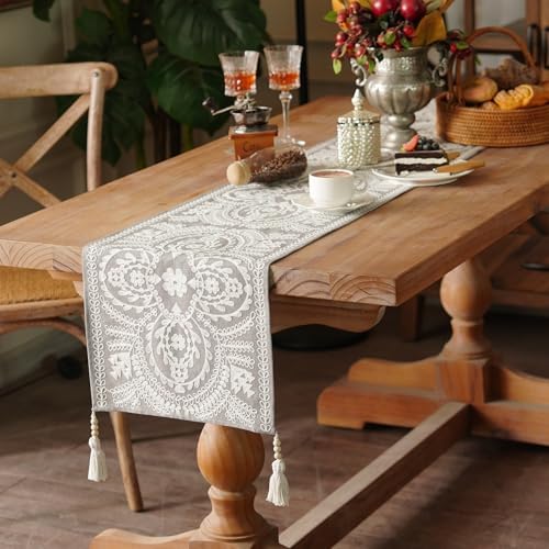 Table Runner Embroidered Boho Lace Dresser Scarf, Gray 14"x75" - Image 3