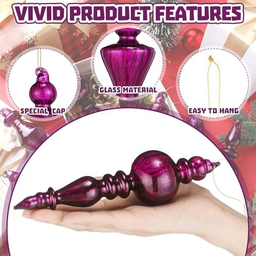 Mifoci 8 Pcs 6 Inch Mercury Glass Finial Christmas Ornaments,Dark Purple - Image 4