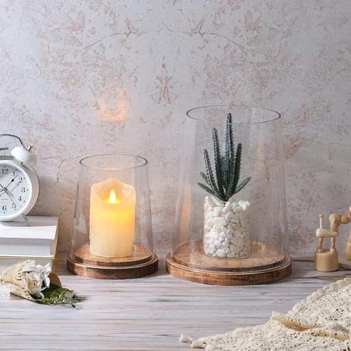 Set of 2 Glass Hurricane Candle Holders with Handmade Sturdy Glass Sleeves and Vintage Natural Wood Base for Pillar Candle & Plants, Industrial, Farmhouse, Display Cloche Bell Jars, Table Centerpiece - Image 5