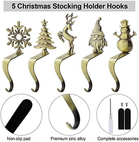 URATOT Christmas Stocking Holders Non-Slip Metal Stocking Hooks Mantel Stocking Holders Hanger in 5 Designs for Christmas Decoration, Bronze, Set of 5 - Image 3