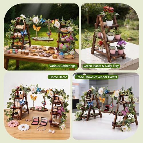 Wooden 3 Tier Cupcake Stand with Flower Vine, Palm Leaves & Decorative Butterflies, Cupcake Holder for Tea Party Supplies, Serving Trays for Party Perfect for Dessert Cups and charcuterie Cups - Image 4