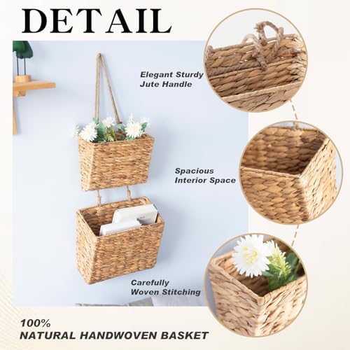 YAHUAN Woven Water Hyacinth Hanging Basket 2-Tiered Storage Baskets Hanging Organizer Hanging Wall Basket for Home,Pantry,Garden, Office Organization (Water Hyacinth) - Image 3