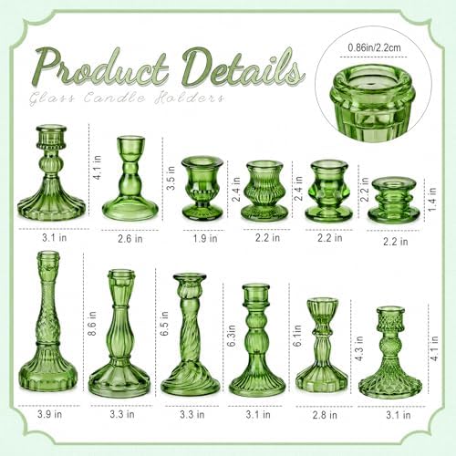 Mumufy 12 Pcs Green Glass Candle Holders Classic Style, Ribbed Taper 0.8" - Image 3