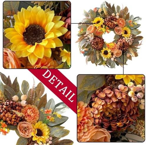 WANNA-CUL 24 Inch Sunflower Fall Front Door Wreath Farmhouse Harvest Decor - Image 2