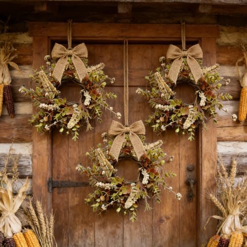 6 Pcs Small Fall Hanging Wreaths with Artificial Autumn Eucalyptus Greenery White Buds Beige Spikes Mini Cabinet Wreath for Home Table Centerpieces Kitchen Farmhouse Thanksgiving Party Decor - Image 6