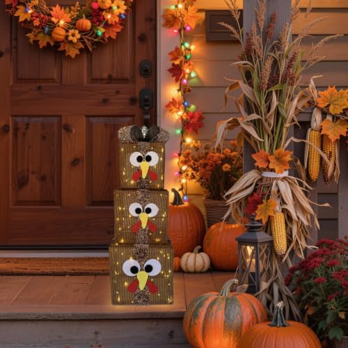 Fall Décor Light Up Boxes Porch, Thanksgiving Lighted Turkey Gift Boxes Decorations Outdoor, Prelit 80 Lights Battery Operated Present Box Havest Thanksgiving Party Table Ornaments 8 Modes & Timer - Image 2