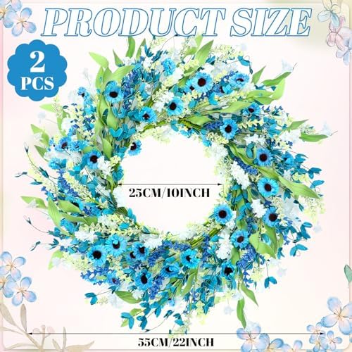 Hotop 2 Pcs Spring Summer Door Wreath for Front Door 22'' Artificial Blue Daisy Flower Wreaths with White Floral Green Leaves for Indoor Outdoor Home Wedding Farmhouse Window Decor - Image 2