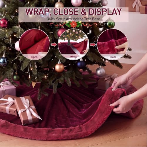 Skylety 48" Velvet Christmas Tree Skirt with Faux Fur Trim,Burgundy Red - Image 4