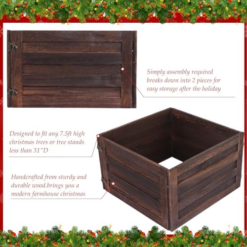 Macarrie Wood Christmas Tree Collar Box, Stand Cover, Brown, 26 x 12 Inch - Image 6