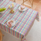 JIALE Easter Gingham Tablecloth Cotton Linen Fabric Colorful Checkered Table Cloth with Tassel, Washable Wrinkle Free Buffalo Plaid Table Cover for Spring Summer Dining Party, Multi Purple, 55X106'' - Image 2