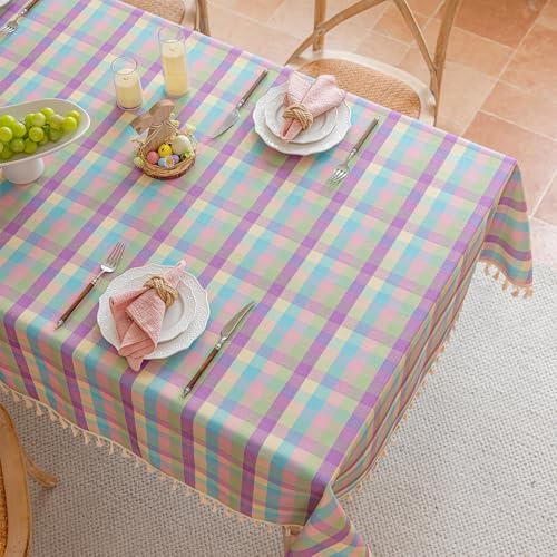 JIALE Easter Gingham Tablecloth Cotton Linen Fabric Colorful Checkered Table Cloth with Tassel, Washable Wrinkle Free Buffalo Plaid Table Cover for Spring Summer Dining Party, Multi Purple, 55X106'' - Image 2