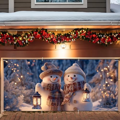 ANNA QUEEN Winter Garage Door Banner 6×13 FT, Smiling Snowman Couple with Lanterns, Cute Winter Outdoor Garage Decoration for Parties Home Decor by ANNAQUEEN