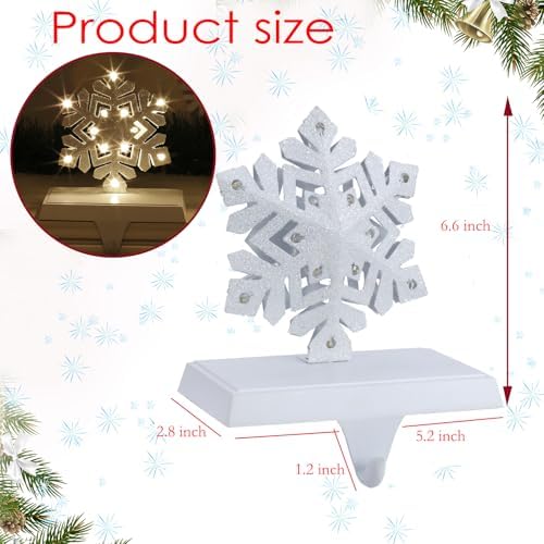 2 pcs Lighted Snowflake Christmas Stocking Holders for Mantel - LED Snowflake Stocking Holder Set - Christmas Stocking Hangers for Mantel - Metal Fireplace Hooks for Christmas Decorations - Image 2