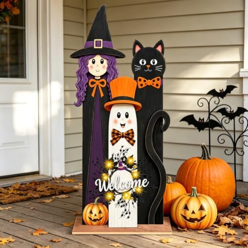 Halloween Welcome Sign with LED Lights, 36" Wooden Standing Sign, Witch Black Cat Ghost Design, Front Porch Decor for Outdoor Indoor Yard Garden Party by Unknown